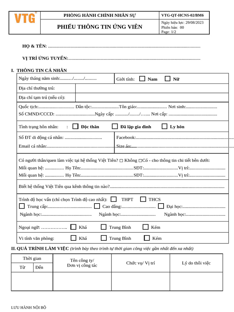 6.2023 Qt02 Bm6 Phieu Thong Tin Ung Vien 3 | PDF
