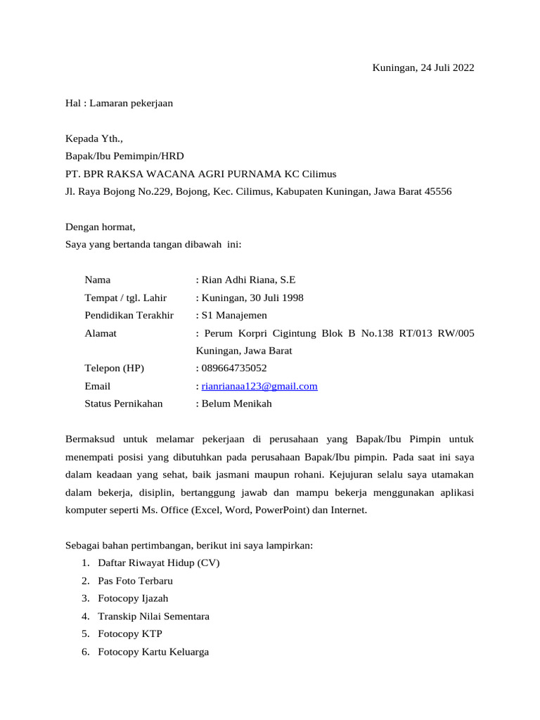 Lamaran BPR | PDF