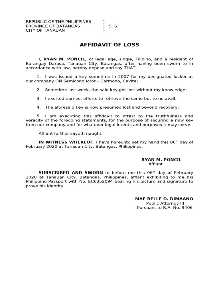 Affidavit of Loss Company Locker Key | PDF