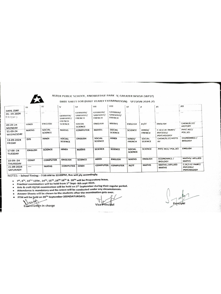 Date Sheet of Half Yearly 2024 | PDF