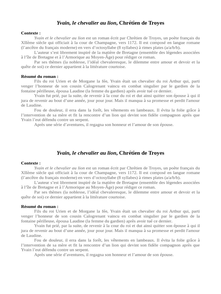 résumé yvain PDF