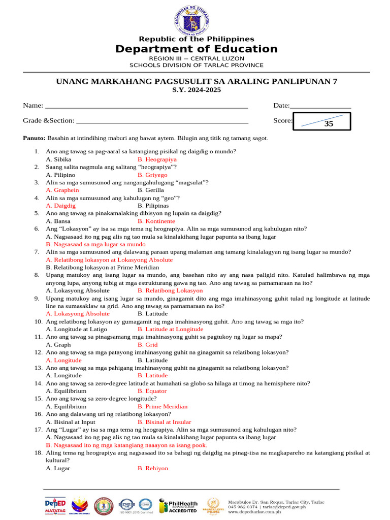 Grade 7 Araling Panlipunan 1st Quarter Exam Section 2 Pdf