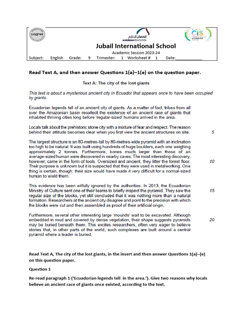Jubail International School: Read Text A, and Then Answer Questions 1 ...