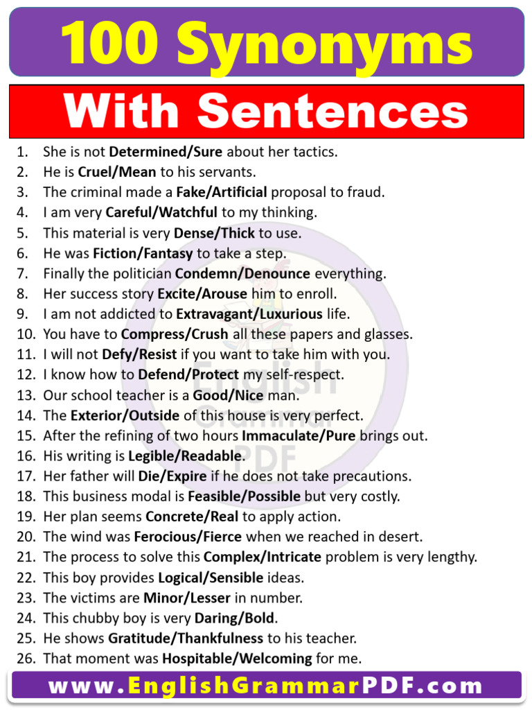 100 Examples of Synonyms With Sentences PDF | PDF