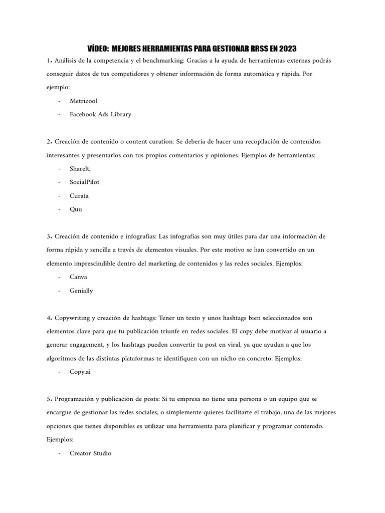 Vídeo - Mejores Herramientas para Gestionar RRSS en 2023 | PDF