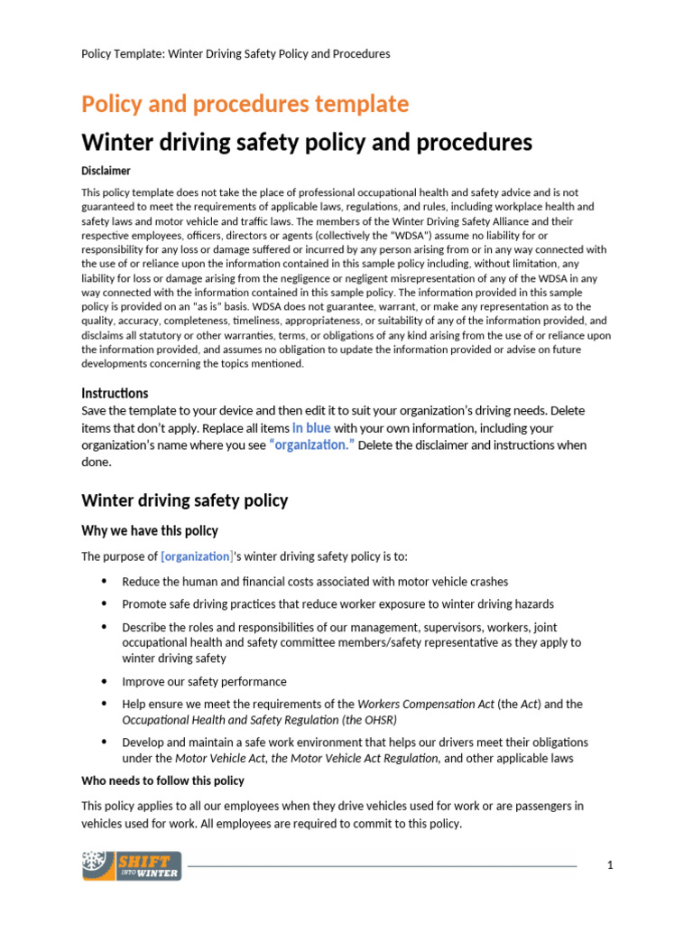 SIW Sample Winter Driving Policy For Workplaces | PDF