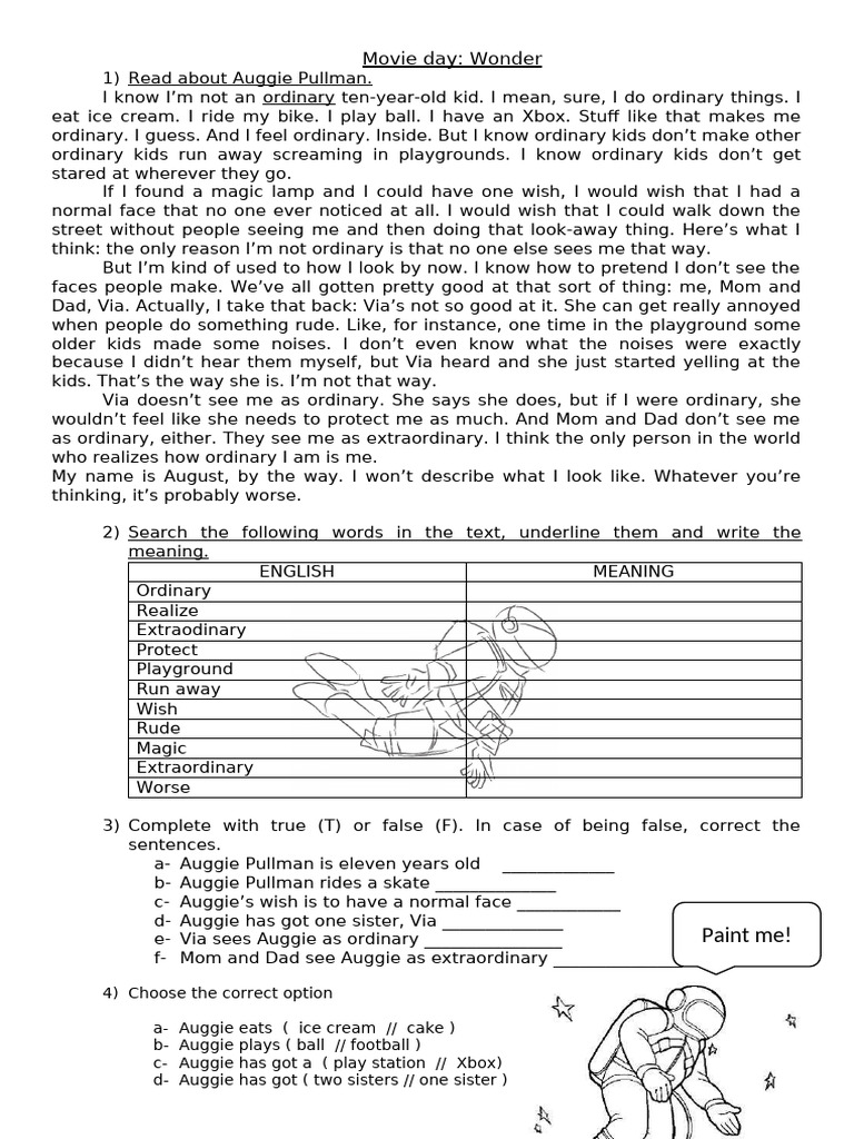 Wonder Movie Reading Activity Reading Comprehension Exercises ...