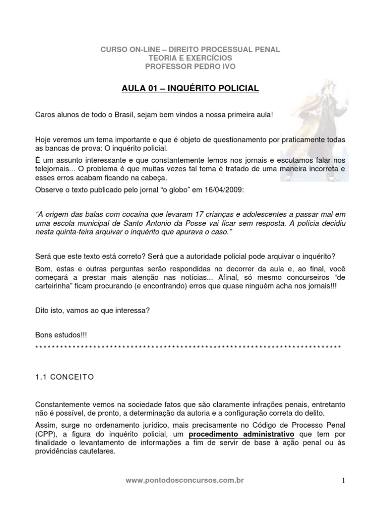 Aula 01 Inquérito Policial Procedimento criminal Ação Judicial