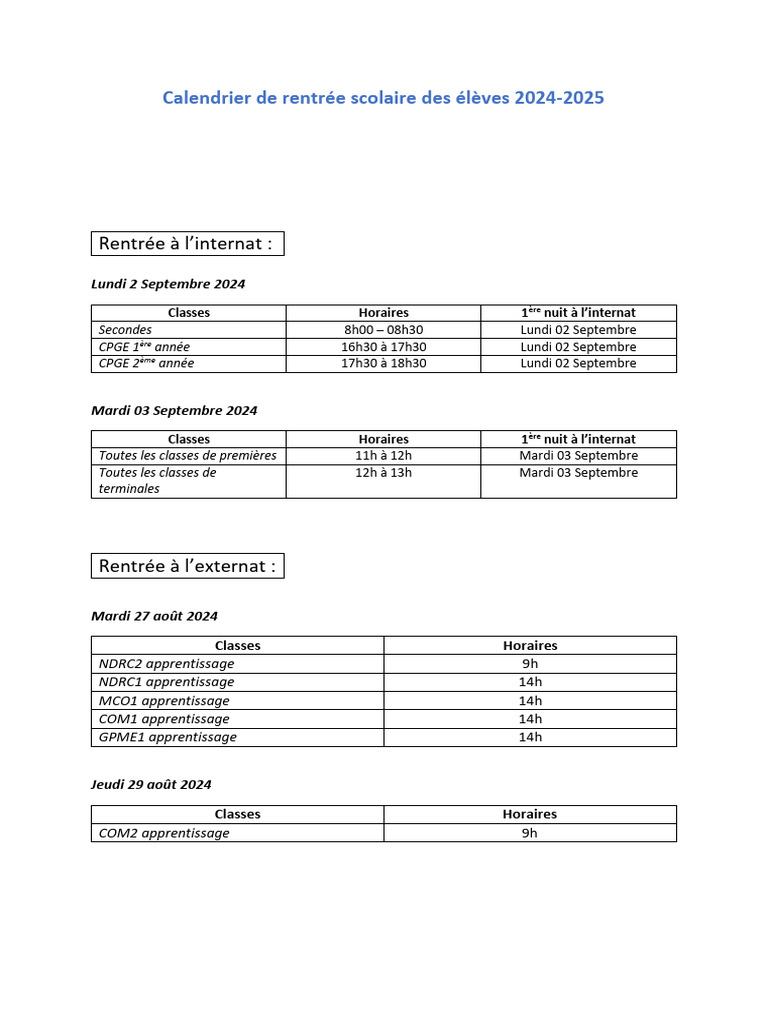 Calendrier de Rentrée Scolaire 2024-2025 | PDF
