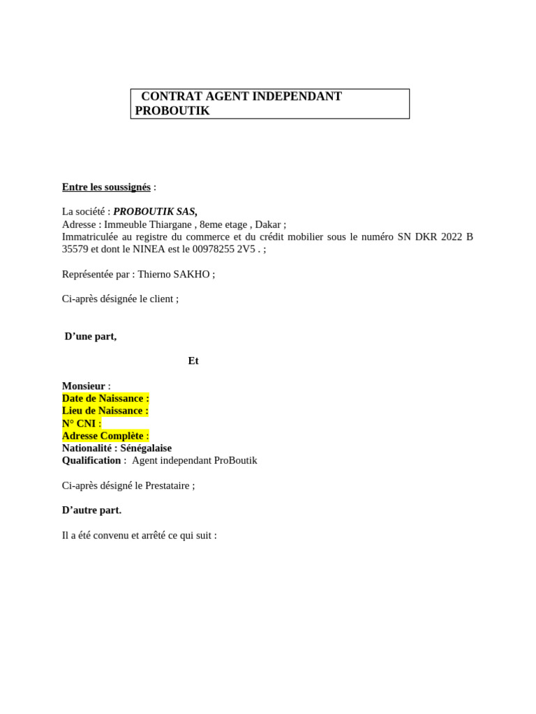 Contrat Agent Commercial Independant ProBoutik | PDF