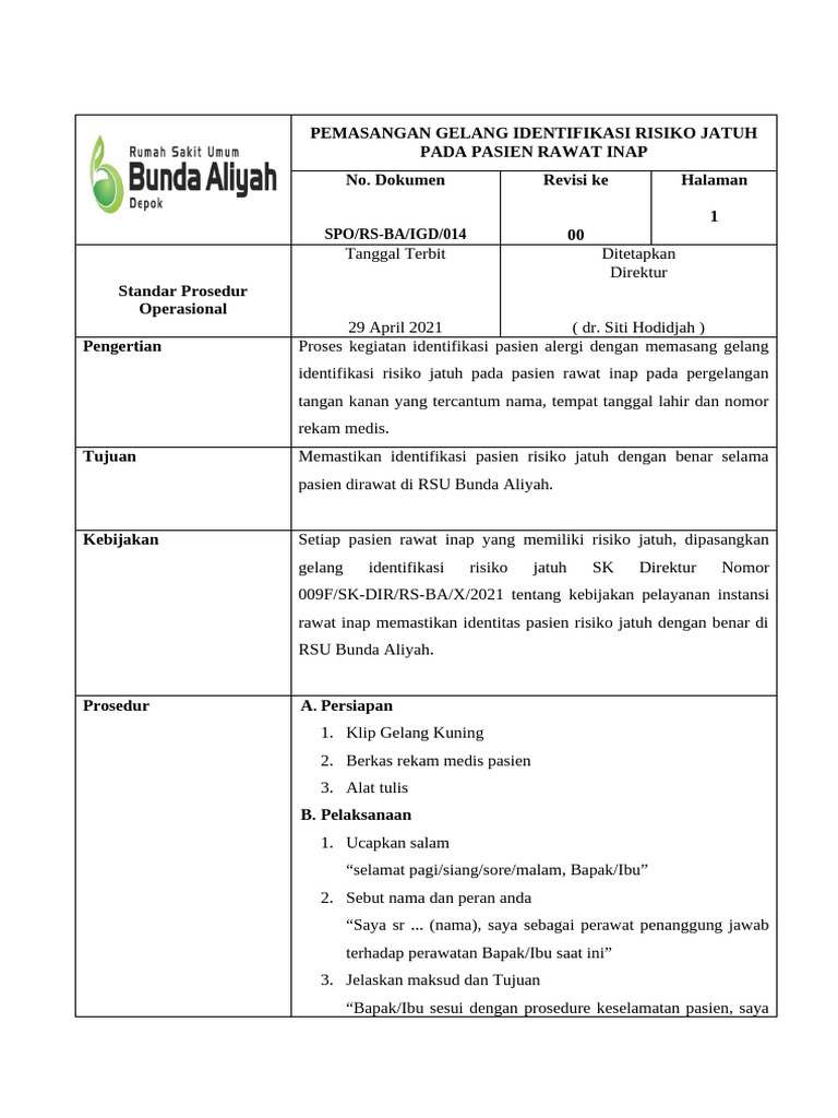 Pemasangan Gelang Identifikasi Risiko Jatuh Pada Pasien Rawat Inap Pdf