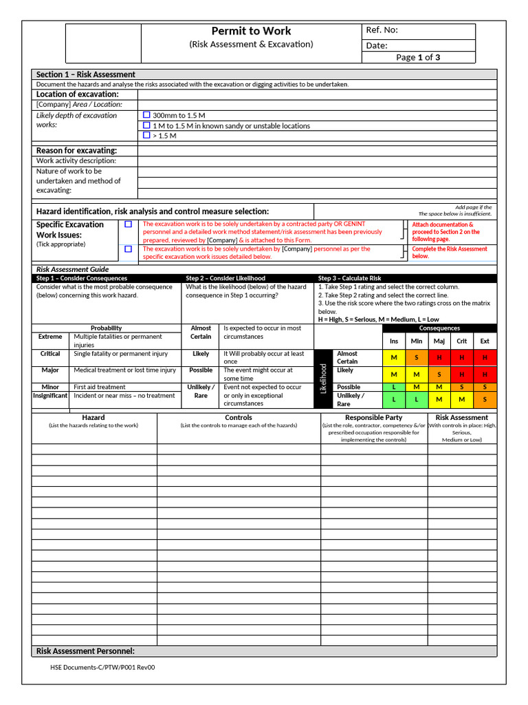 PTW-Excavation - Risk Assessment | PDF