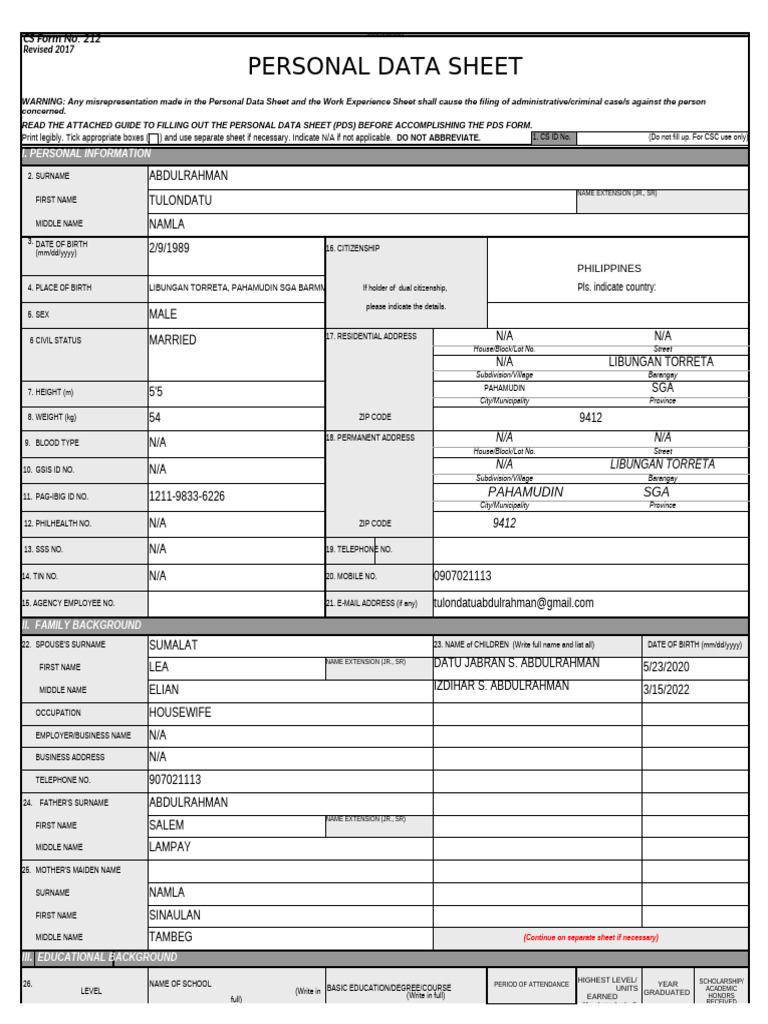 06-CSC Form 21-Revised 2017 (Personal Data Sheet) | PDF