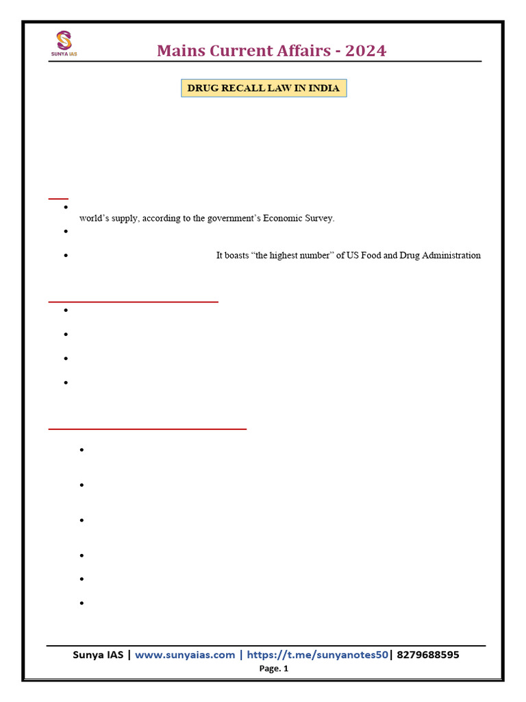 Drug Recall in India - Article 9 - Sunya IAS | PDF
