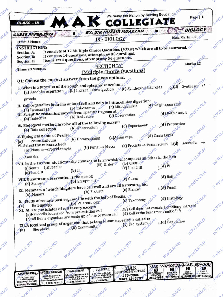 Ix Biology - Mak Colligiate Guess Paper 2024 - Homelander | PDF