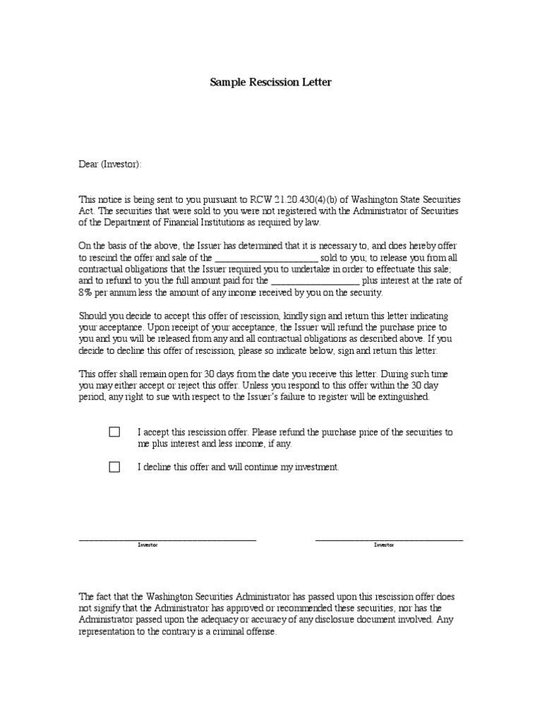 Sample Rescission Letter Template | PDF