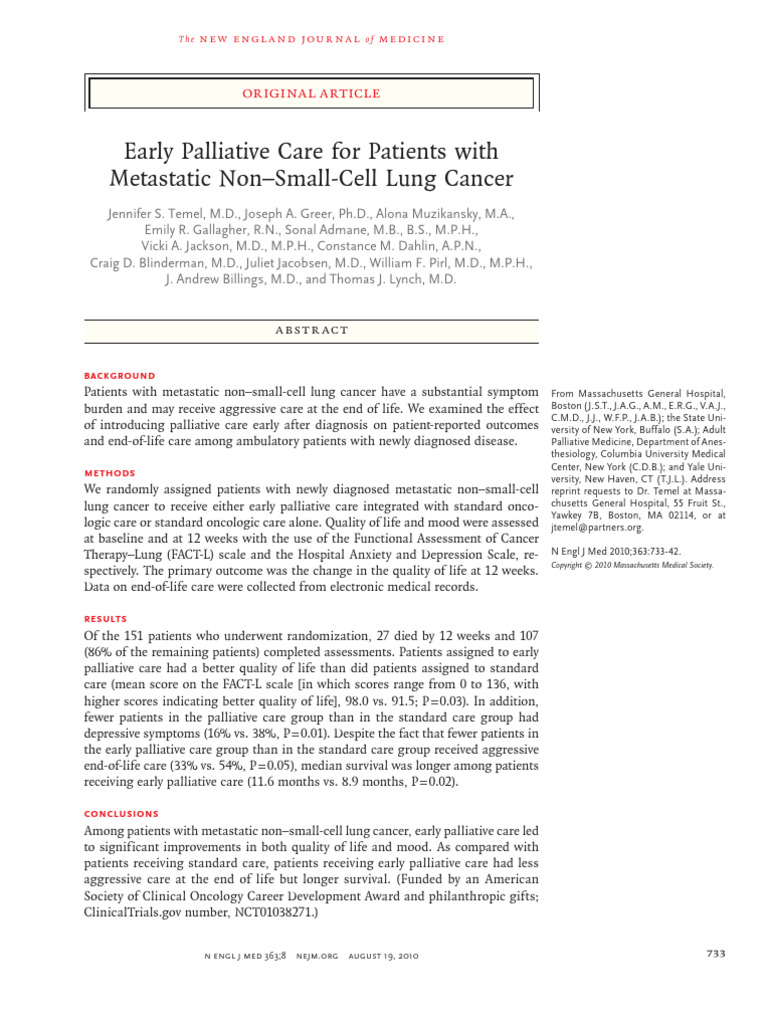Early Palliative Care For Patients With Metastatic Non-Small-Cell Lung ...