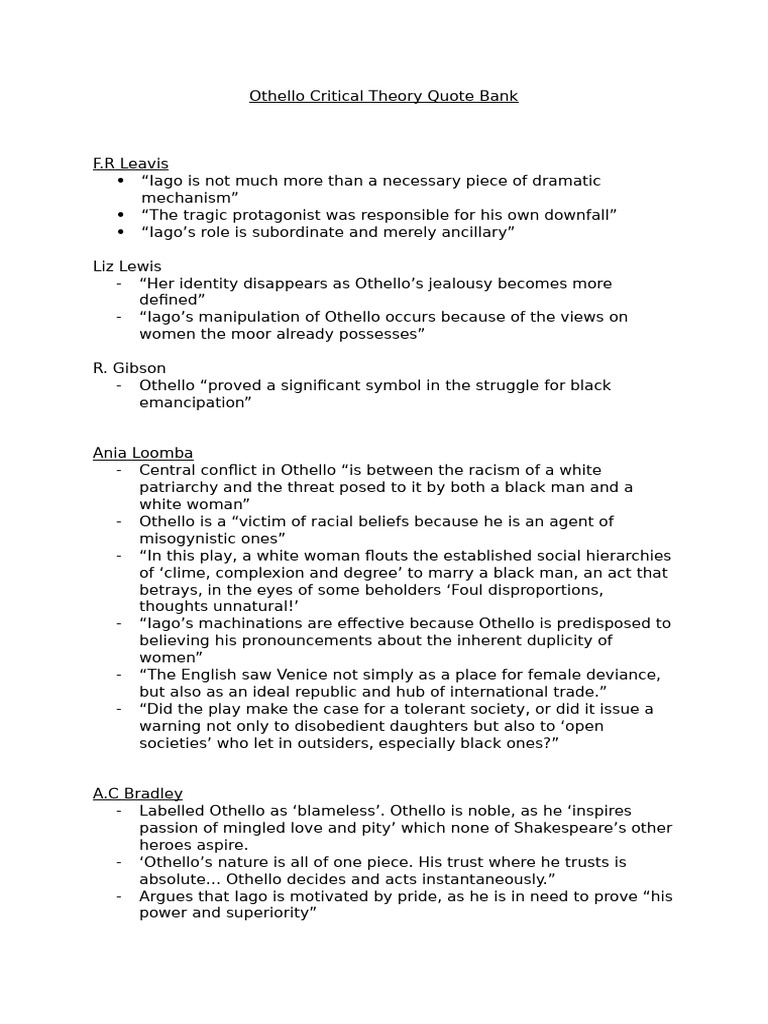 Othello Critical Theory Quote Bank | PDF