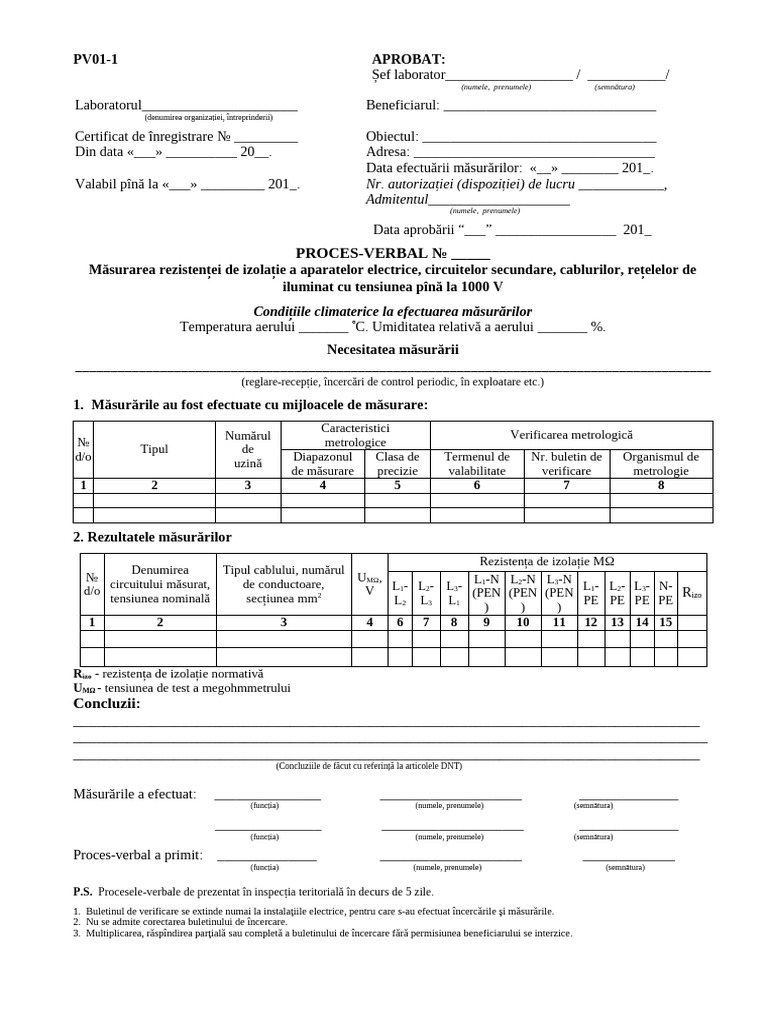 Proces-Verbal Măsurare Izolație Electrică | PDF