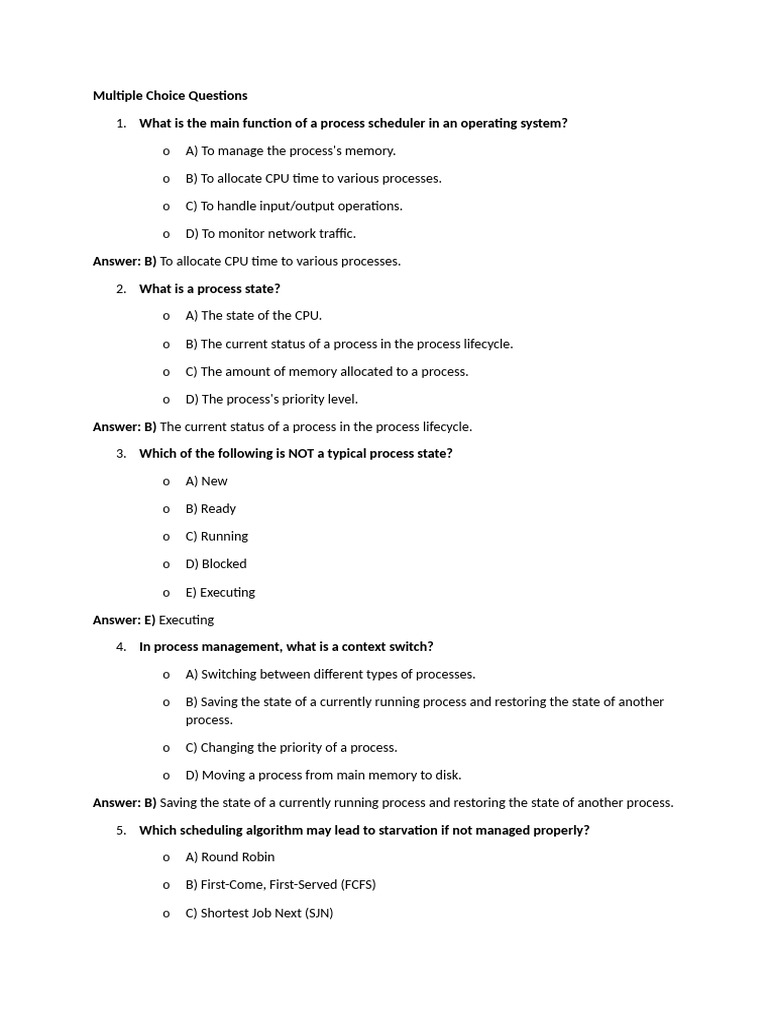 Operating System MCQs and Answers | PDF | Process (Computing ...