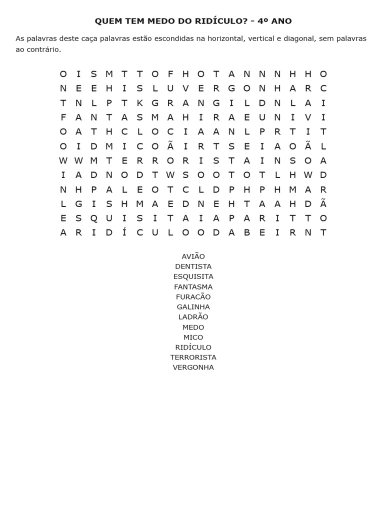 QUEM TEM MEDO DO RIDÍCULO? - 4º ANO - Imprimir Caça Palavras | PDF