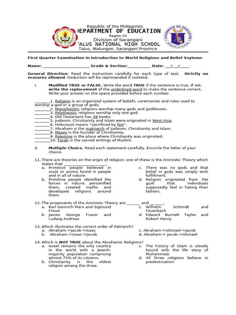 Intro To Religion With Answer Key and TOS Exam First Quarter | PDF