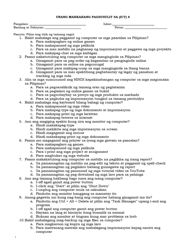 Grade 4 Matatag First Periodical Test In Epp 4 Pdf