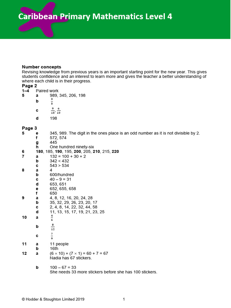 Caribbean Primary Mathematics Level 4 Answers | PDF | Length