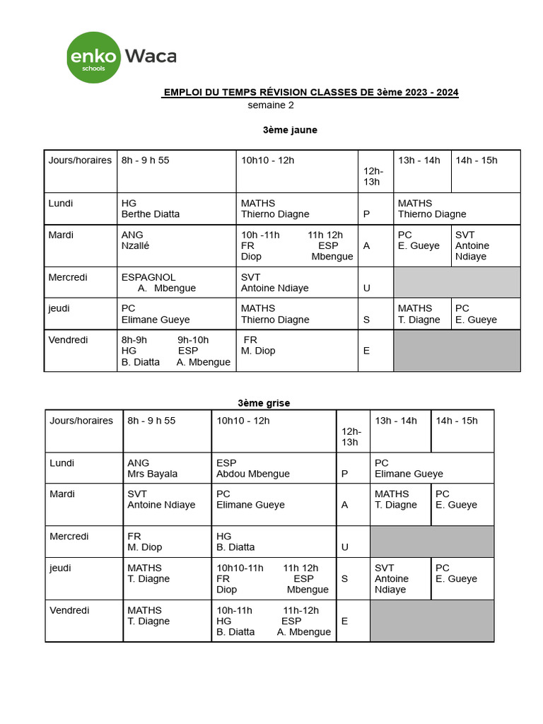 EMPLOI DU TEMPS RÉVISION CLASSES DE 3ème 2023 - 2024 | PDF