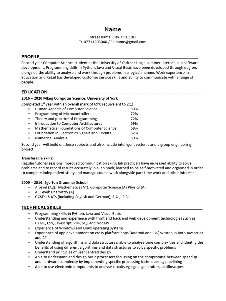 Computer Science example CV | PDF