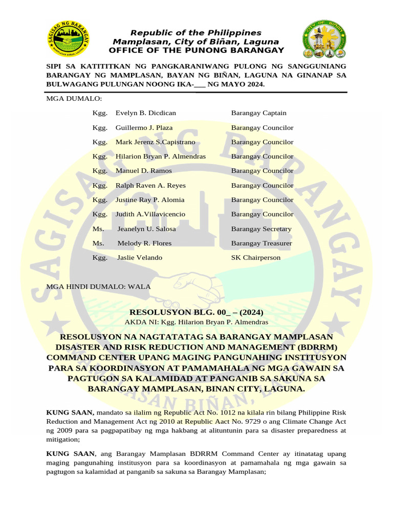 BRGY-MAMPLASAN-BDDRM COMMAND CENTER | PDF