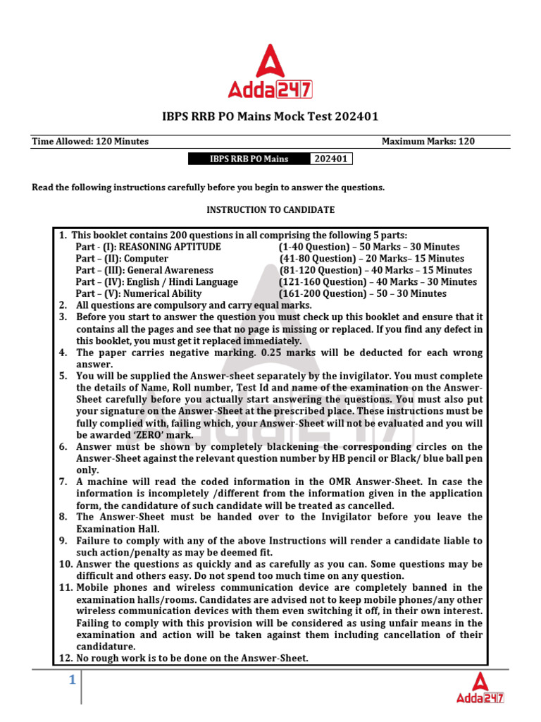 IBPS RRB PO Mains Mock Test 202401 Question (Bilingual) | PDF