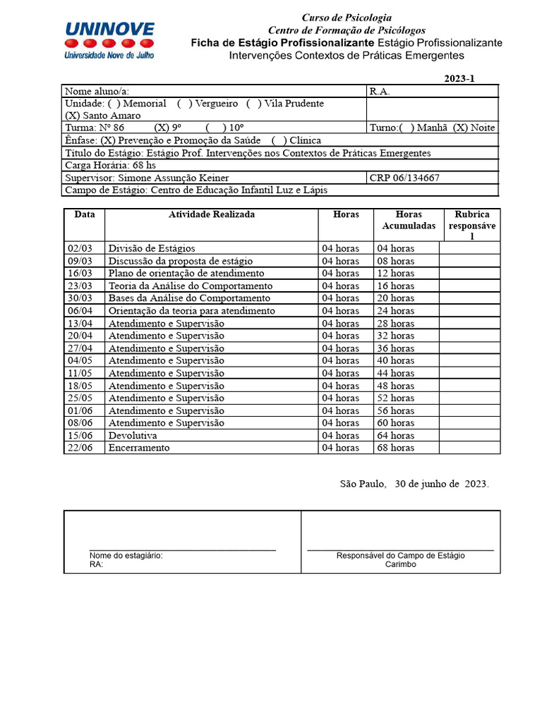 FICHA de Estágio Prof. Externo Intervenções Contextos Prat. Emergentes ...