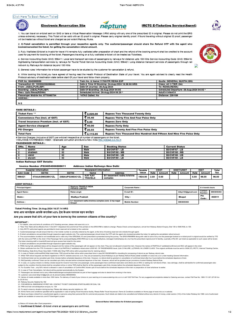 IRCTC E-Ticket Guidelines | PDF
