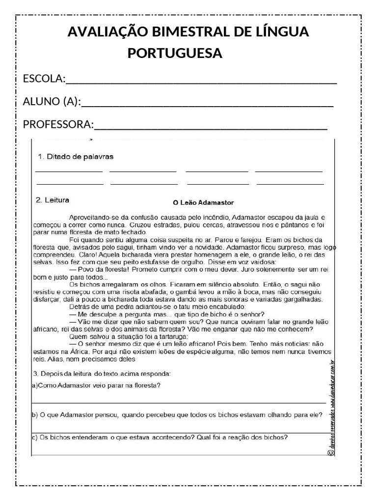 Avaliação Bimestral de Língua Portuguesa | PDF