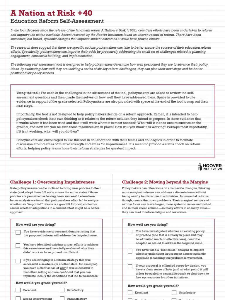 Education Reform Self-Assessment Tool | PDF | Policy | Program Evaluation