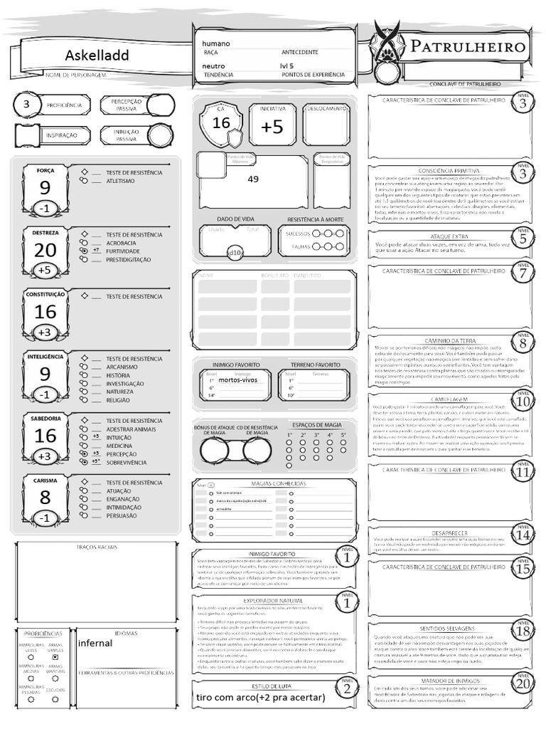 D&D Character Stats: Level 5 Ranger | PDF