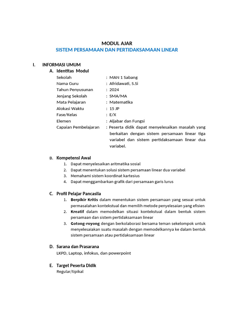Modul Ajar Sistem Persamaan Linear 2 Variabel