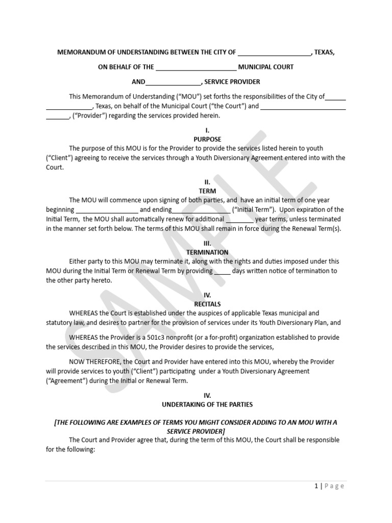 Sample MOU Between Service Provider and City On Behalf of A Municipal ...