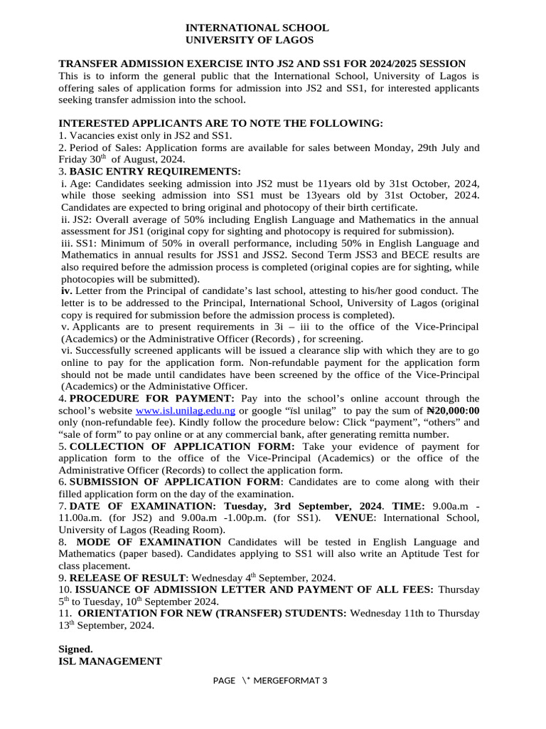 Transfer Admission 2024 | PDF