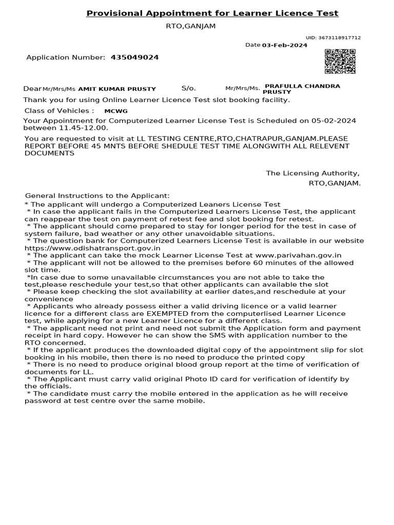 Provisional Appointment For Learner Licence Test | PDF