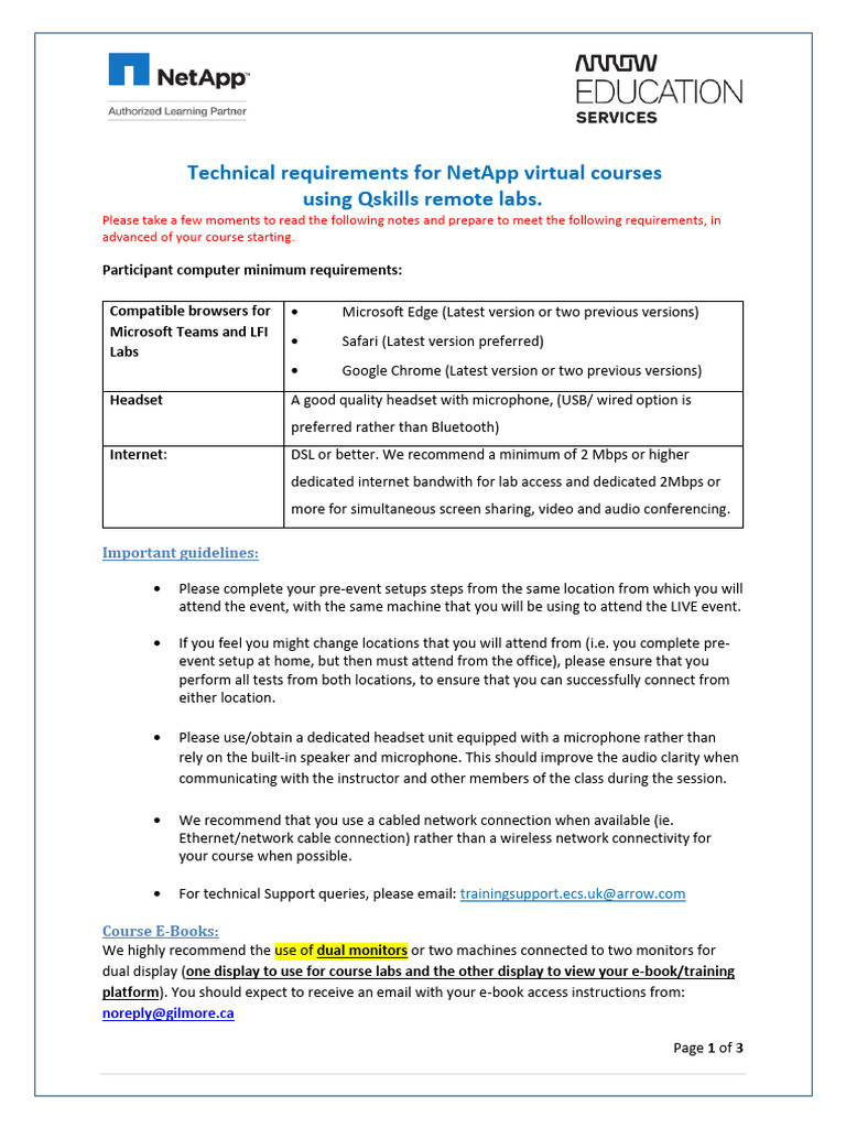 Arrow ECS NetApp Course Setup Requirements Q-Skills Labs | PDF