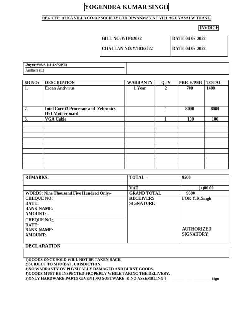 Bill Copy of Antivirus and Motherboard and Processor and VGA Cable | PDF