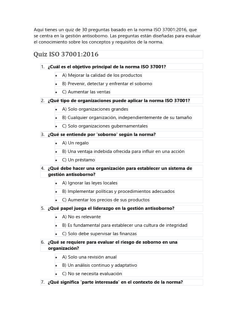 Quiz sobre la norma ISO 37001:2016 | PDF | Marketing | Business
