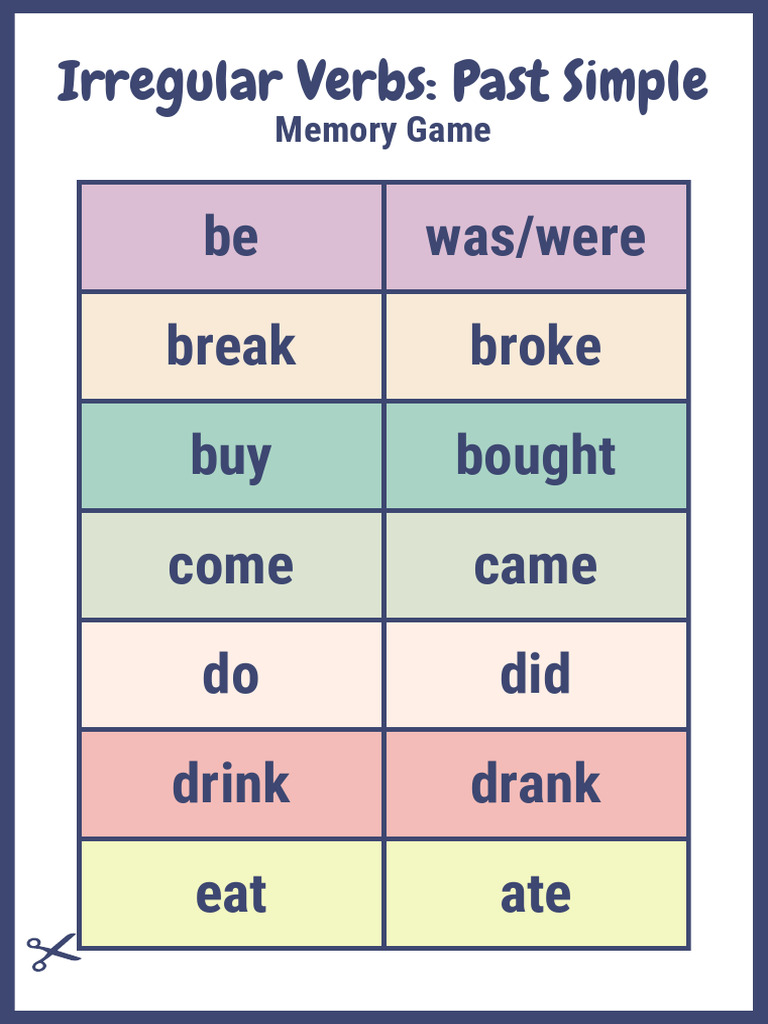 Pastel Past Simple Irregular Verbs Memory Game Cards | PDF