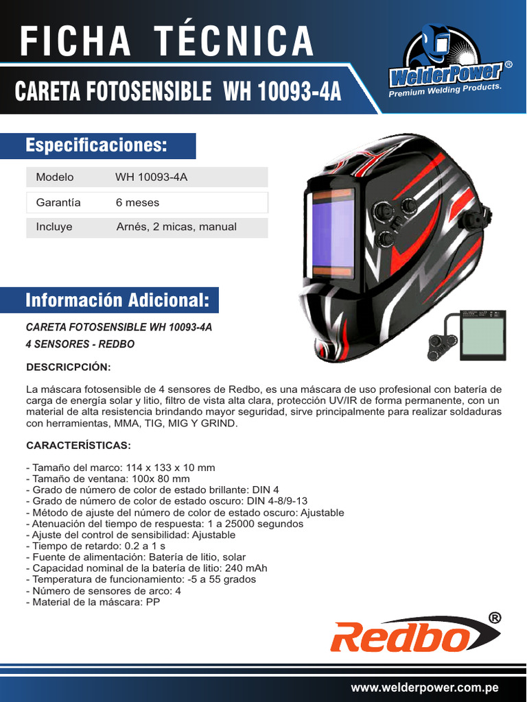 Ficha Tecnica Careta Fotosensible WH 10093-4a | PDF