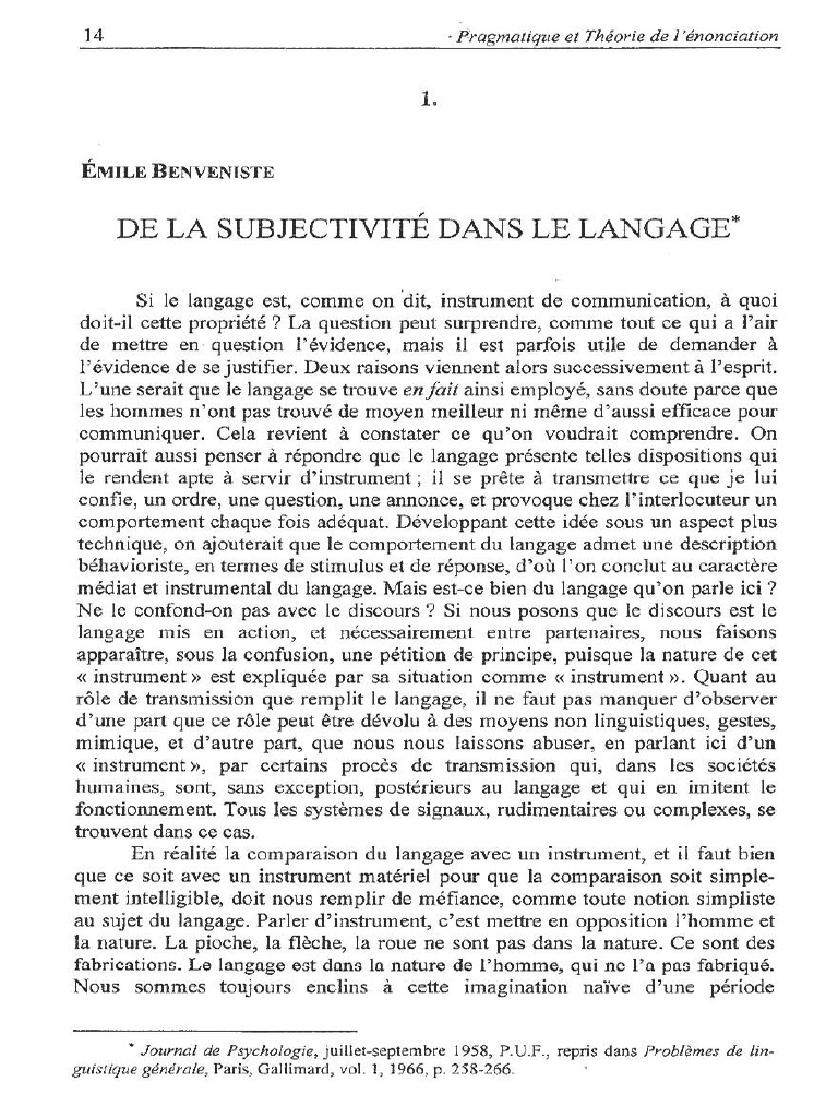 L Enonciation Benveniste LA SUBJECTIVITE DANS LE LANGAGE | PDF
