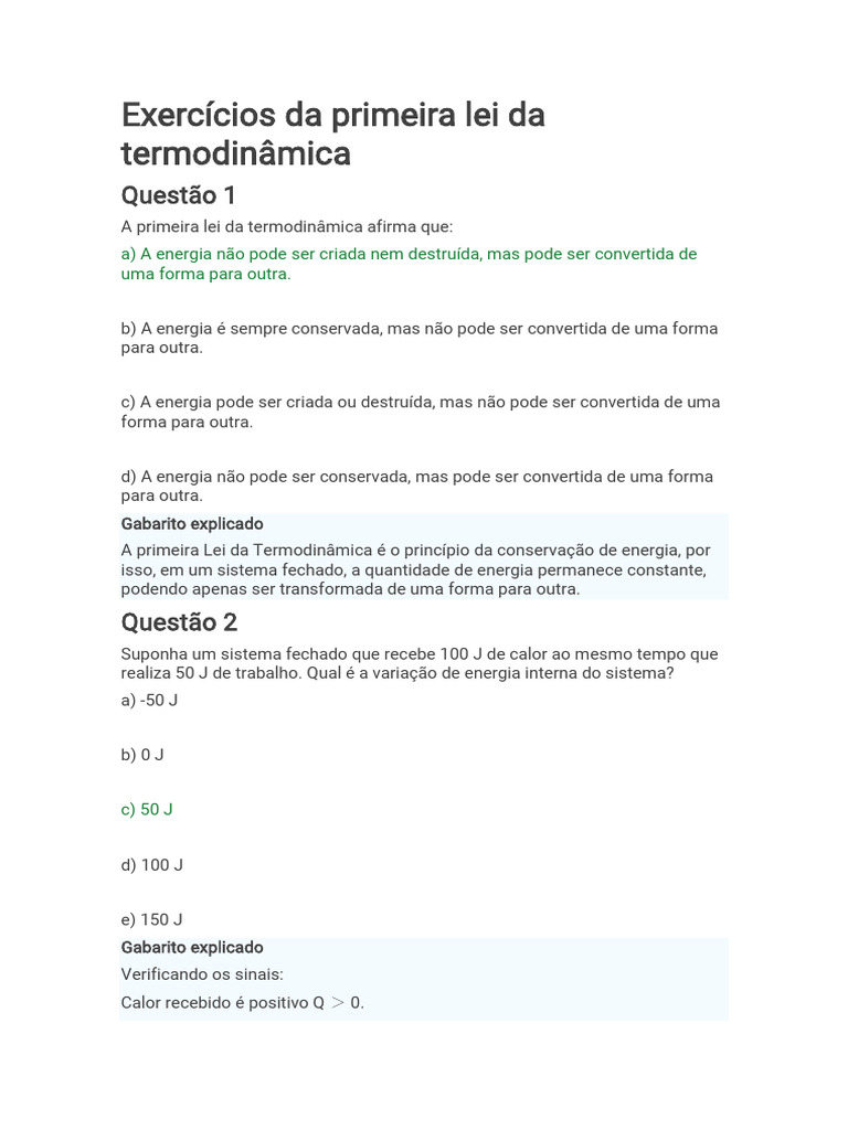 Exercícios da primeira lei da termodinâmica | PDF