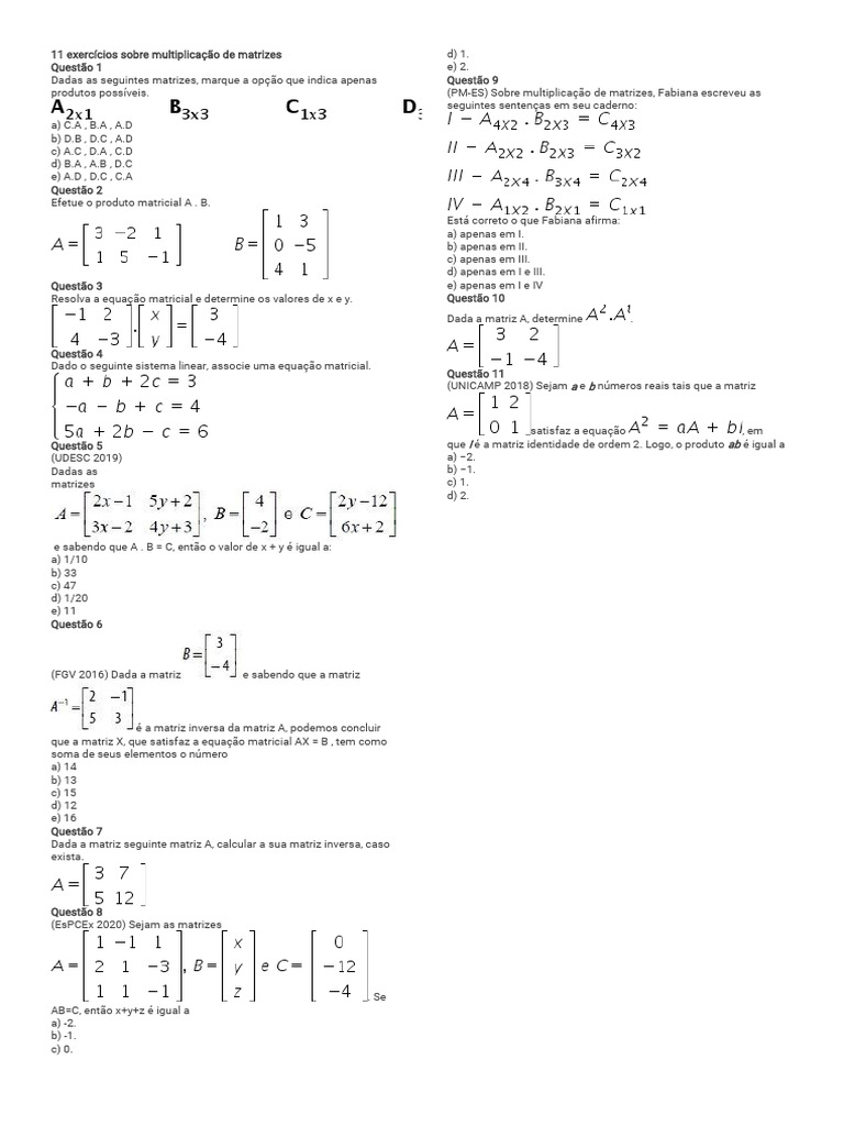 11 Exercicios Sobre Multiplicação de Matrizes | PDF