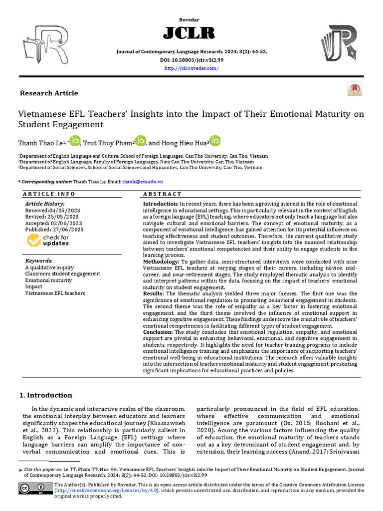 Vietnamese EFL Teachers' Insights Into The Impact of Their Emotional ...